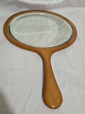 Antique 1920's Wood Oval Hand Mirror Beveled Mirror Florence 8 7/8" x 12 1/2" H